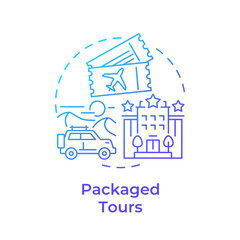 Packaged tours blue gradient concept icon. Travel service. Guided and organized tour. Adventure trip. Round shape line illustration. Abstract idea. Graphic design. Easy to use in application