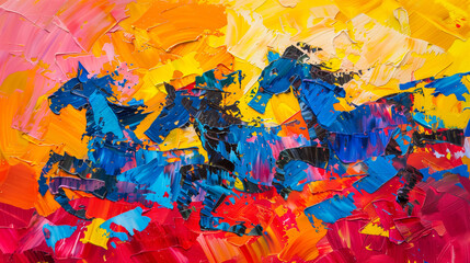 Abstract oil painting of galloping horses. Equestrian wall art, colourful knife painting, minimalist paint spots and brush strokes. Large bold stroke oil painting with yellow, blue, and red copy space