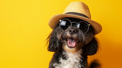 A dog wearing sunglasses and a hat on a yellow background with an empty copy space