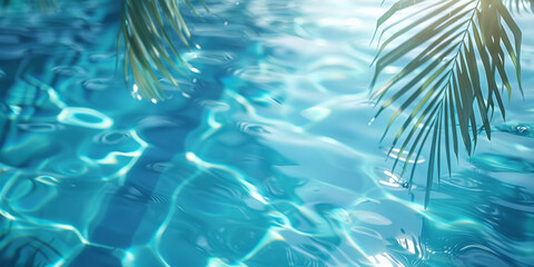 Fototapeta na wymiar A closeup of blue water swimming pool with palm leaves shadows . creating a beautiful summer scene. banner 