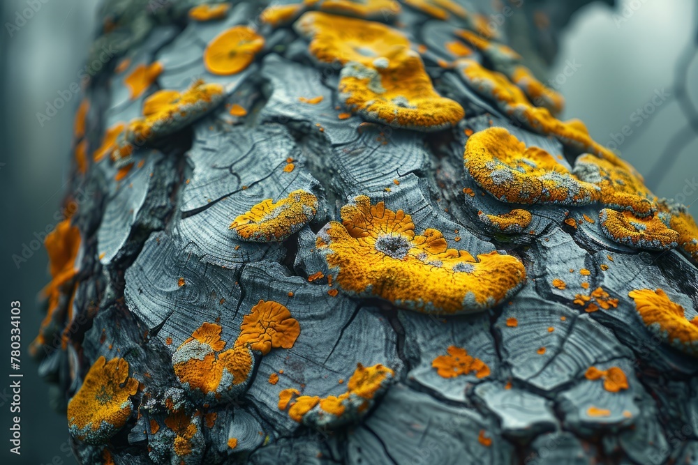 Poster Depth effect and a realistic texture of bark with yellow lichen, presented in a 3D close-up