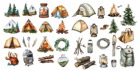 pack of camping elements water color illustration icons , sticker collection.