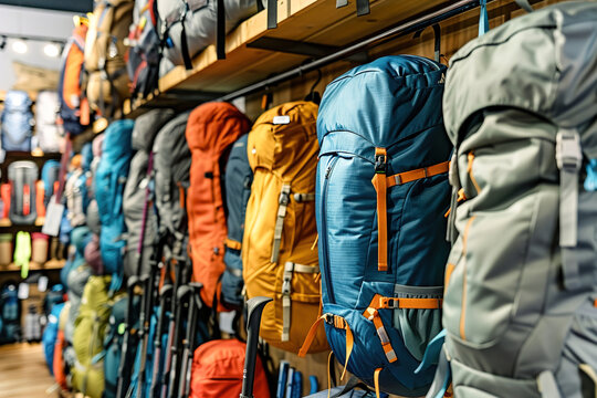 Friends exploring a well-stocked aisle of hiking equipment, comparing backpacks and examining camping gear in a vibrant store setting.