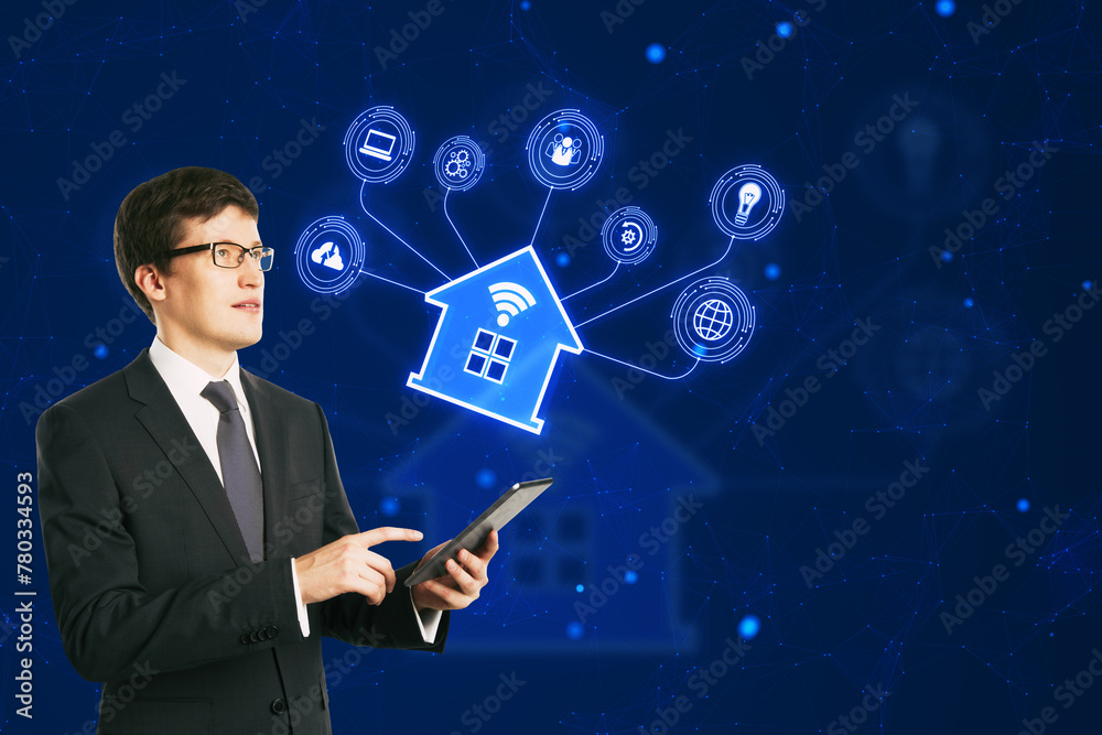 Poster thoughtful young european businessman using cellphone with creative smart house hologram on blue bac