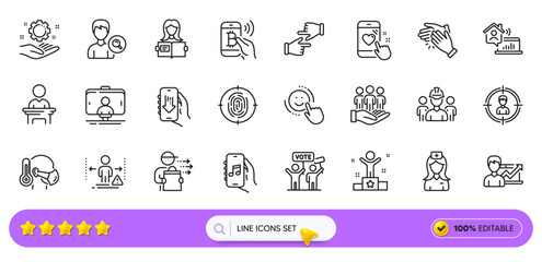 Download app, Fingerprint and Employee hand line icons for web app. Pack of Search people, Bitcoin pay, Smile pictogram icons. Click hands, Election candidate, Food delivery signs. Search bar. Vector