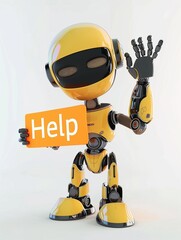 Friendly robotic helper displaying a 'Help' orange message, offering user support and guidance on digital platform