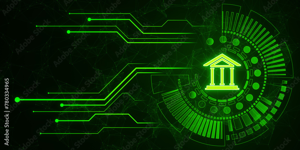 Poster creative polygonal circuit banking hologram on green background. digital transformation and online b