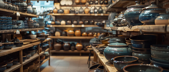Fototapeta na wymiar Gourmet kitchenware store with artisanal pots and handcrafted utensils