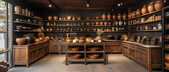 Gourmet kitchenware store with artisanal pots and handcrafted utensils - obrazy, fototapety, plakaty