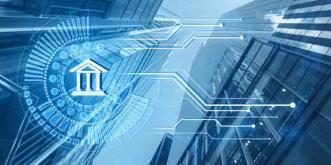 Creative polygonal circuit banking hologram on blurry blue wide city background. Digital...