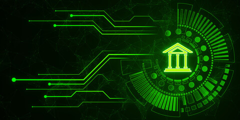 Creative polygonal circuit banking hologram on green background. Digital transformation and online bank concept. 3D Rendering.