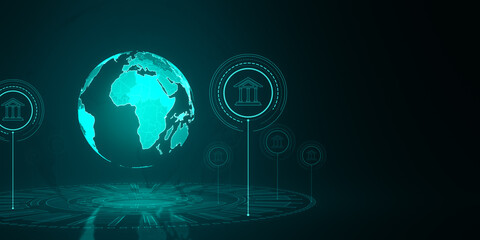 Creative globe hologram with bank icons on blue backdrop with mock up place. Global banking and innovation concept. 3D Rendering.