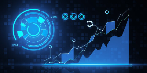 Abstract growing index business chart on dark blue tech background. Financial growth and invest concept. 3D Rendering.