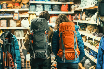 Outdoor enthusiasts examining durable hiking poles and backpacks displayed on racks filled with camping and hiking equipment in a retail store.
