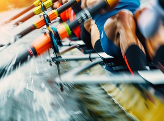 Closeup of rowing team's oars in motion, with focus on the details and strength that make them...