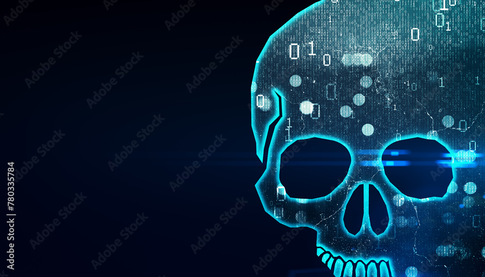 Poster Abstract digital blue skull on dark backdrop with mock up place. Malware and hacking concept. 3D Rendering.