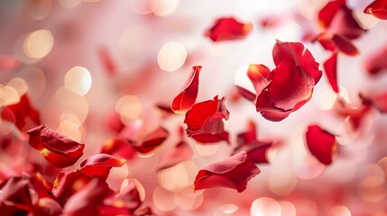 Red rose petals falling against a blurred background with a pink and white gradient.