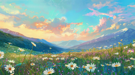 Beautiful summer landscape with a daisy field in the mountains at sunset, high resolution