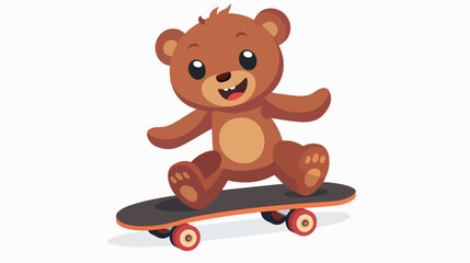 Cartoon teddy bear on skateboard flat vector isolated