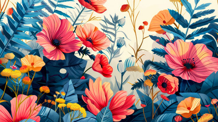 Tropical jungle pattern with vivid leaves and blooming hibiscus, digital art illustration