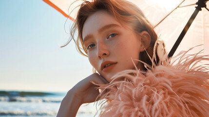 russian model with soft perfect skin sitting under umbrella in s