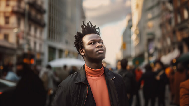 African American male standing in the city surrounded by people