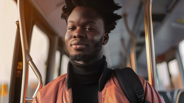 african american man standing in the bus smiling commuting to wo