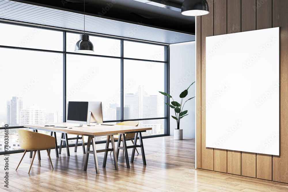 Poster modern wooden and concrete coworking office interior with empty white mock up banner, panoramic wind