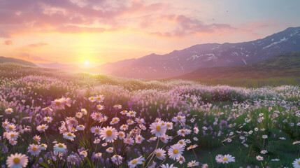 Beautiful summer landscape with a daisy field in the mountains at sunset, high resolution