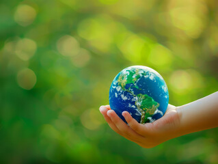 Hand holding a small globe with bokeh greenery backdrop, representing environmental care