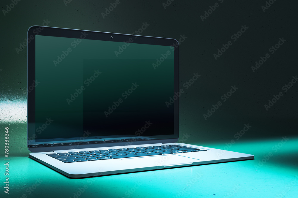 Poster Close up of creative neon blue light gaming notebook with mock up place. 3D Rendering.