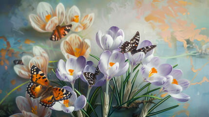 Fototapeta na wymiar Oil painting of butterflies and crocuses, merging nature and artistry
