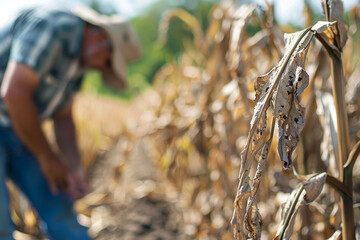 Concerned farmer examining withered crops due to intense heatwave and drought conditions