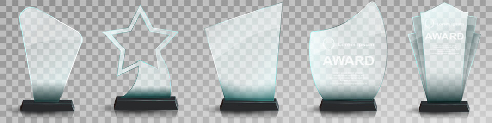 Glass award trophy set. Transparent prize template. Winner first place concept. Vector illustration. Winner glass trophy. First place award, crystal prize and signed acrylic trophies. Glass awarding t - obrazy, fototapety, plakaty