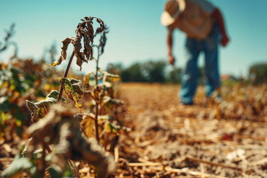 Concerned farmer examining withered crops due to intense heatwave and drought conditions