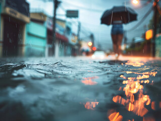 Fototapeta premium La Nina effect with intense rain causing flooded streets, focus on water surface and urban backdrop