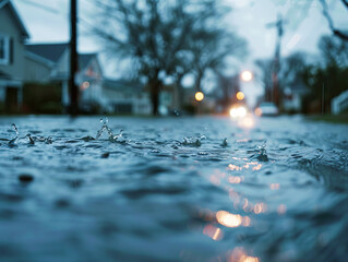 Fototapeta premium La Nina effect with intense rain causing flooded streets, focus on water surface and urban backdrop