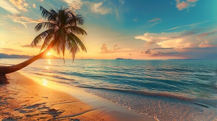 At sunset time on the tropical beach and sea with coconut palm tree ,Generative ai, 