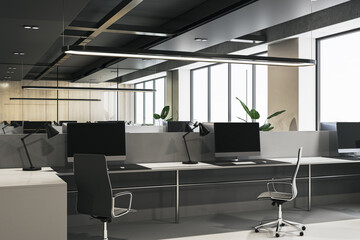 Bright warehouse style coworking office interior with panoramic windows and city view. Workplace concept. 3D Rendering.