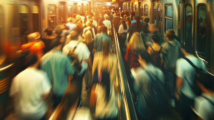 Blurred motion of an overcrowded subway station indicating city life and overpopulation challenges - obrazy, fototapety, plakaty