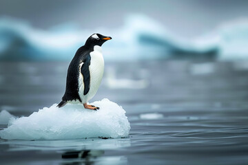 Fototapeta premium Gentoo penguin standing on a melting ice floe, highlighting climate change and its impact on wildlife