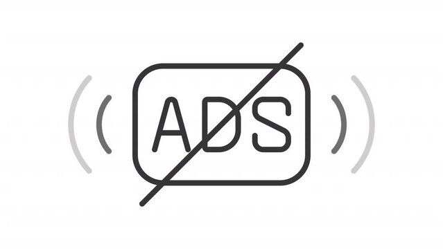 Ad-free line animation. Animated crossed out ads sign icon. Streaming without ads. Subscription plan. Black illustration on white background. HD video with alpha channel. Motion graphic
