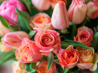 Romantic floral arrangement of intertwined roses and tulips, with a soft focus on the intricate bouquet