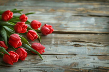 Vibrant red tulips on rustic wood, celebrating simplicity and natural beauty in sharp focus