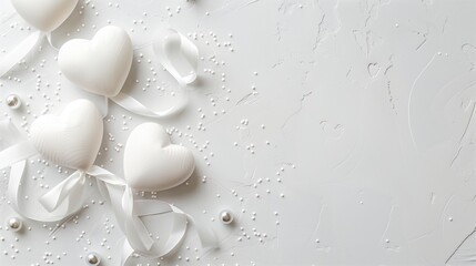 White textured hearts with satin ribbons and pearls on embossed background