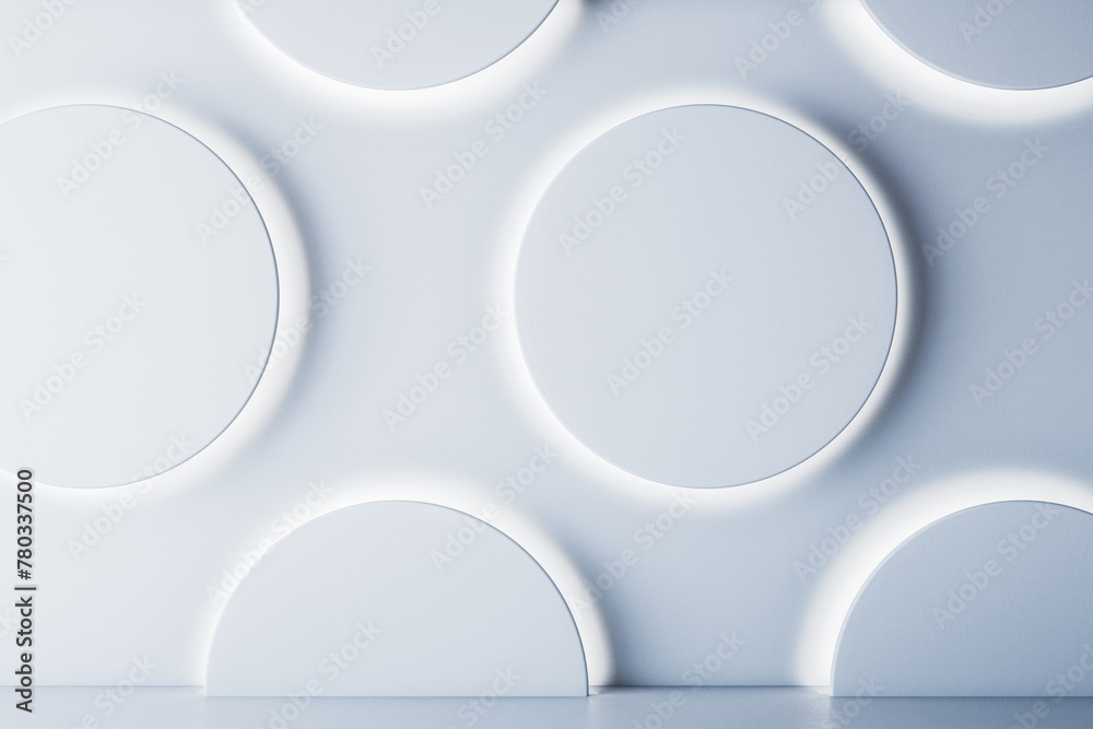 Poster clean white round podium interior with empty mock up space on wall. art concept. 3d rendering.