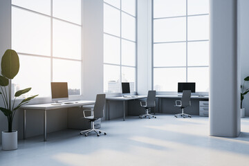 Clean spacious light coworking office interior with panoramic windows and city view. Workplace concept. 3D Rendering. - obrazy, fototapety, plakaty