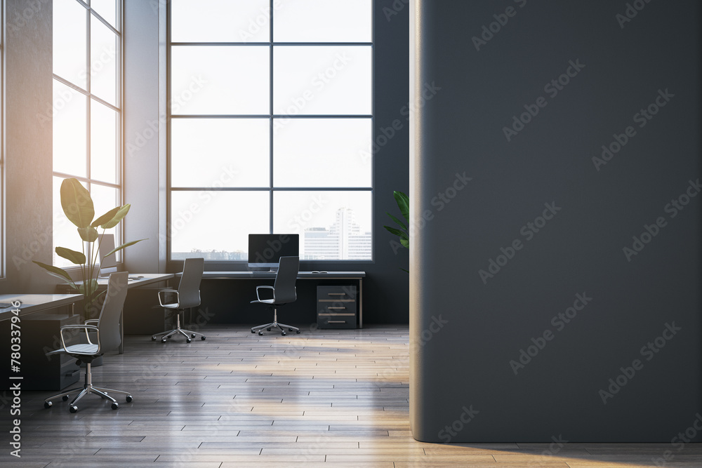 Poster modern spacious dark coworking office interior with empty mock up place on wall, panoramic windows a