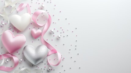 Decorative hearts and ribbons with pearls on a light background