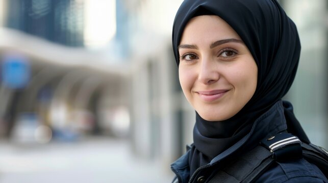 Portrait of a confident Muslim policewoman in hijab and uniform smiling in urban setting